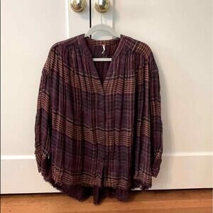 Free People Burgundy Plaid Flowy Boho Tunic with Distressed Details NWOT XS